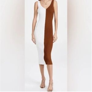 NWT STAUD  Dana Colorblock Ribbed Midi V-Neck Brown and White Dress, L